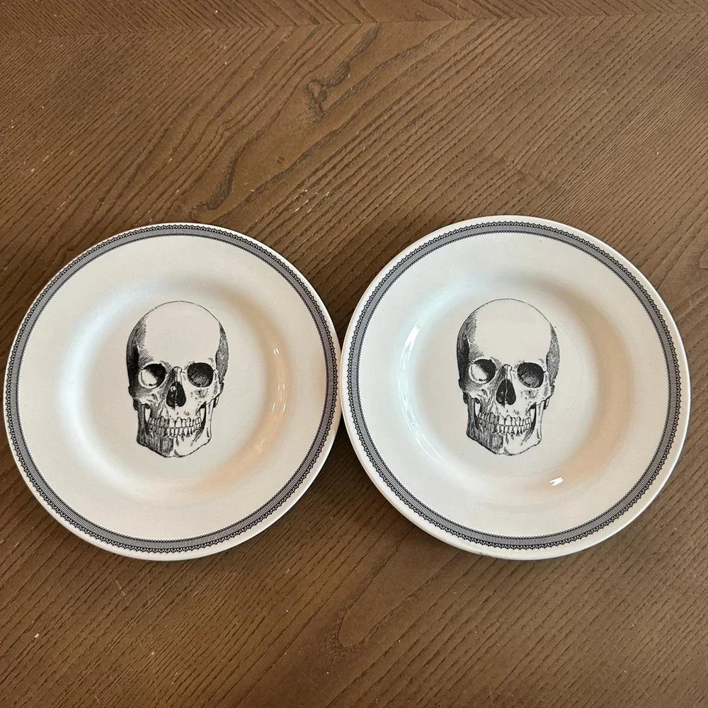 Edward Challinor English Pottery Skull Plates Set of 2 White Black Gothic 8.5in